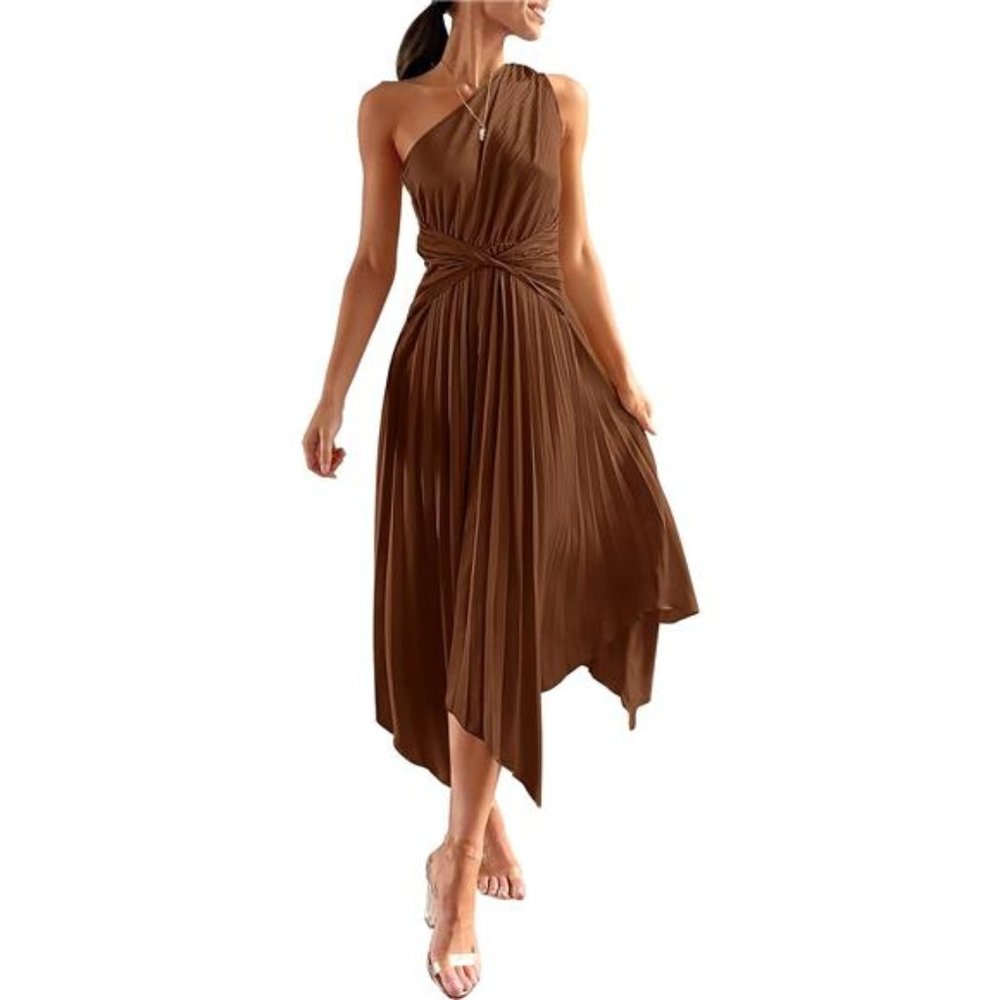 NEW - Elegant Women's One Shoulder Maxi Dresses, Satin, Brown color
